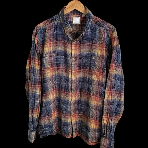 Rowm Mens XL Multi Color Woven Button Down Shirt 100% Cotton Blue Red Gold Fall - Picture 1 of 4